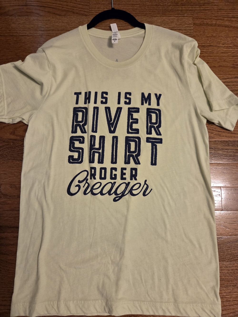 New, Roger Creager, Pale Yellow Tee with Navy- "This Is My River Shirt" M
